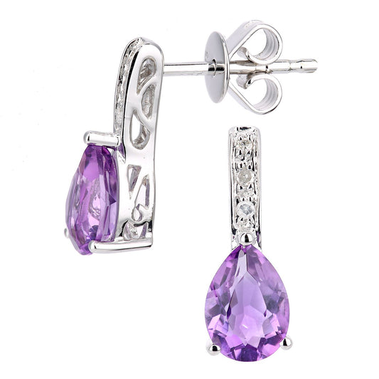 9ct White Gold Diamond Pear 0.7ct Amethyst Teardrop Drop Earrings - DE1AXL602WAM