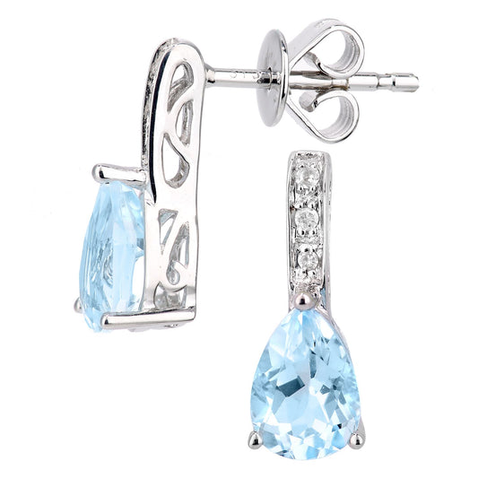 9ct White Gold Diamond Pear 1ct Blue Topaz Teardrop Drop Earrings - DE1AXL602WBT