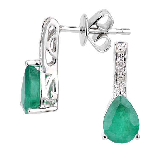 9ct White Gold Diamond Pear 1.3ct Emerald Teardrop Drop Earrings - DE1AXL602WEM