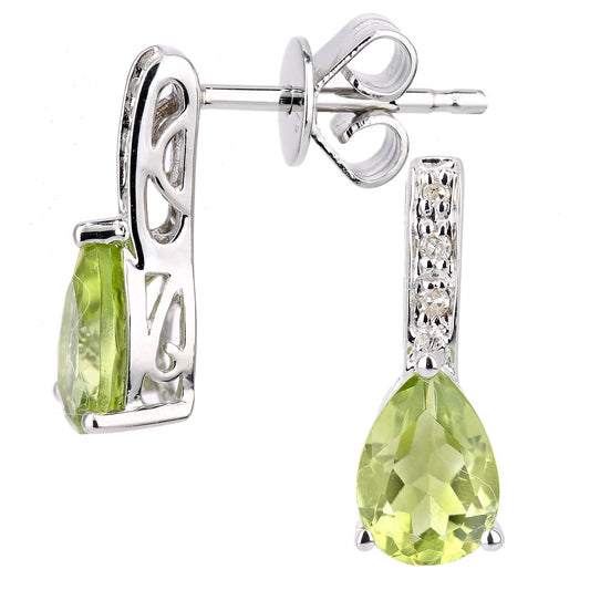 9ct White Gold Diamond Pear 0.9ct Peridot Teardrop Drop Earrings - DE1AXL602WPD