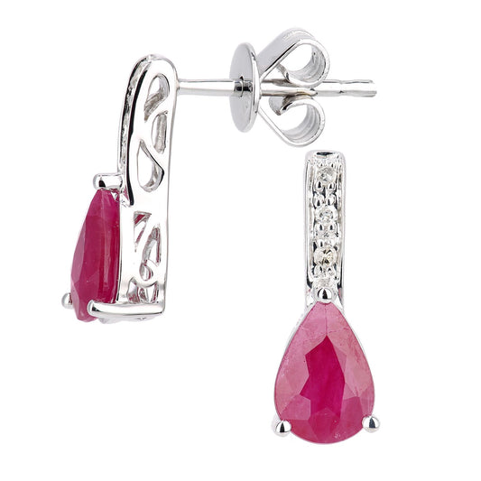9ct White Gold Diamond Pear 1.3ct Ruby Teardrop Drop Earrings - DE1AXL602WRU