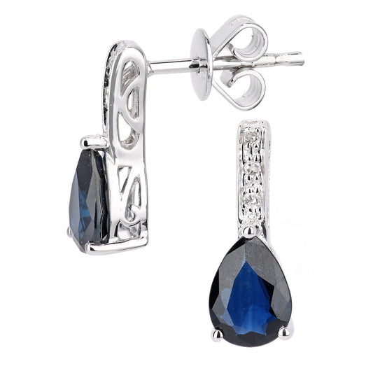 9ct White Gold Diamond Pear 1.7ct Sapphire Teardrop Drop Earrings - DE1AXL602WSA