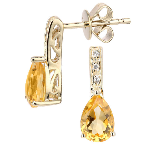 9ct Gold 3pts Diamond Pear 1.3ct Citrine Teardrop Drop Earrings - DE1AXL602YCT
