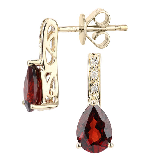 9ct Gold 3pts Diamond Pear 2ct Garnet Teardrop Drop Earrings - DE1AXL602YGT