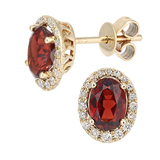 9ct Gold 20pts Diamond Oval 2ct Garnet Cluster Drop Earrings - DE1AXL603YGT