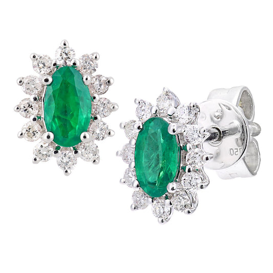 18ct White Gold 1/4ct Diamond Oval 1/2ct Emerald Stud Earrings - DE1AXL605W18EM