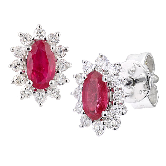 18ct White Gold 1/4ct Diamond Oval Ruby Cluster Stud Earrings - DE1AXL605W18RU