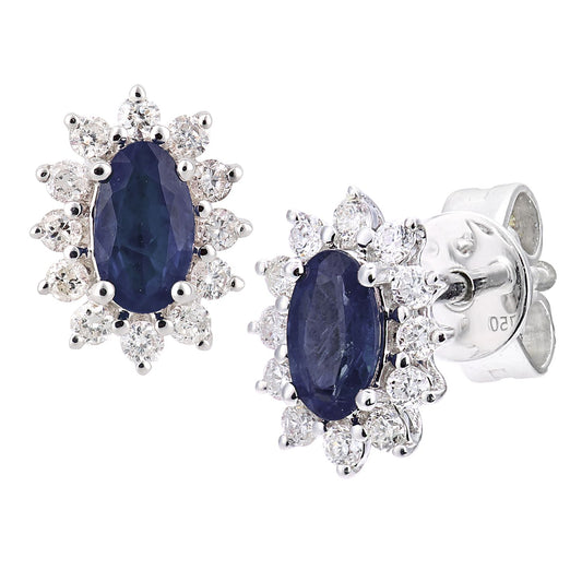 18ct White Gold 1/4ct Diamond Oval Sapphire Cluster Stud Earrings - DE1AXL605W18SA