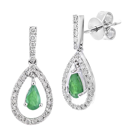 18ct White Gold Diamond Pear Emerald Teardrop Drop Earrings - DE1AXL608W18EM