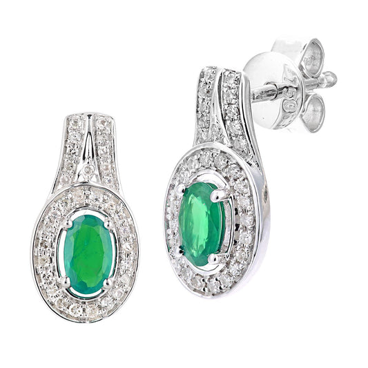 18ct White Gold Diamond Oval 1/2ct Emerald Cluster Drop Earrings - DE1AXL609W18EM