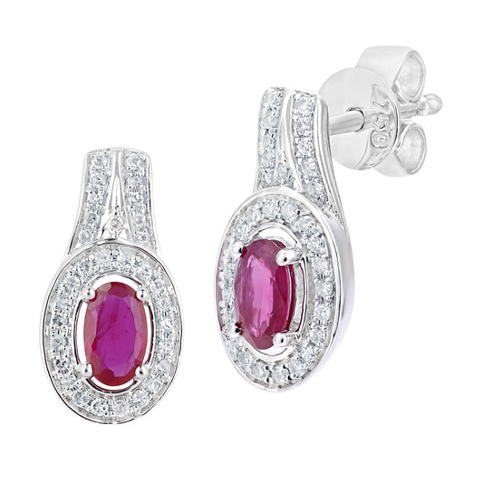 18ct White Gold Diamond Oval 1/2ct Ruby Cluster Drop Earrings - DE1AXL609W18RU