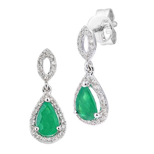 18ct White Gold Diamond Pear 3/4ct Emerald Cluster Drop Earrings - DE1AXL610W18EM
