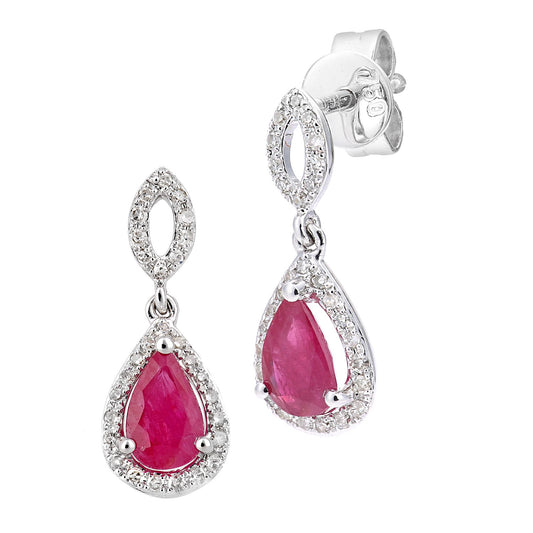 18ct White Gold 12pts Diamond Pear 1ct Ruby Cluster Drop Earrings - DE1AXL610W18RU
