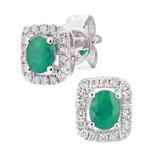 9ct White Gold Diamond Oval 0.36ct Emerald Cluster Stud Earrings - DE1AXL611WEM