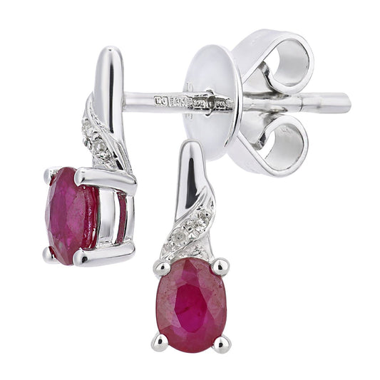 9ct White Gold Diamond Oval Ruby Inverted Snowcone Drop Earrings - DE1AXL612WRU