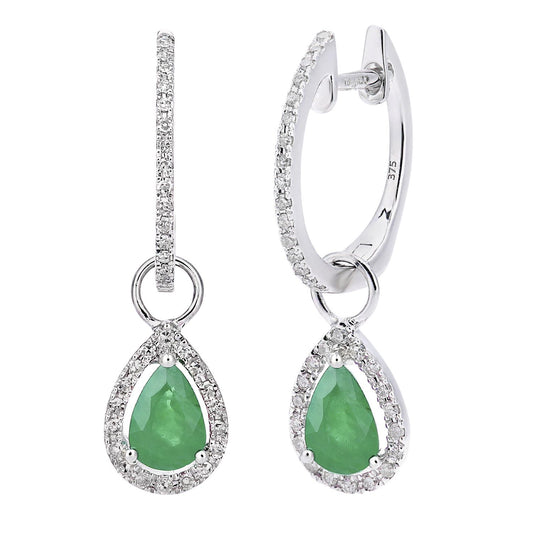 9ct White Gold Diamond Pear 0.7ct Emerald Teardrop Drop Earrings - DE1AXL618WEM