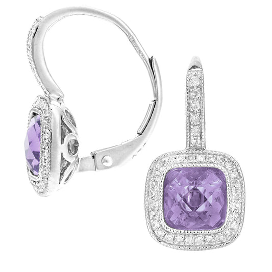 9ct White Gold 20pts Diamond Cushion 2.5ct Amethyst Drop Earrings - DE1AXL679WAM