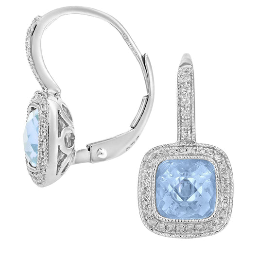 9ct White Gold Diamond Cushion 3.55ct Blue Topaz Drop Earrings - DE1AXL679WBT