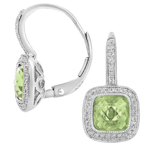 9ct White Gold 20pts Diamond Cushion 2ct Peridot Drop Earrings - DE1AXL679WPD