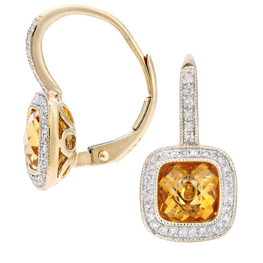 9ct Gold 20pts Diamond Cushion 2.35ct Citrine Drop Earrings - DE1AXL679YCT