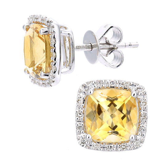 9ct White Gold 10pts Diamond Cushion 2.8ct Citrine Stud Earrings - DE1AXL681WCT