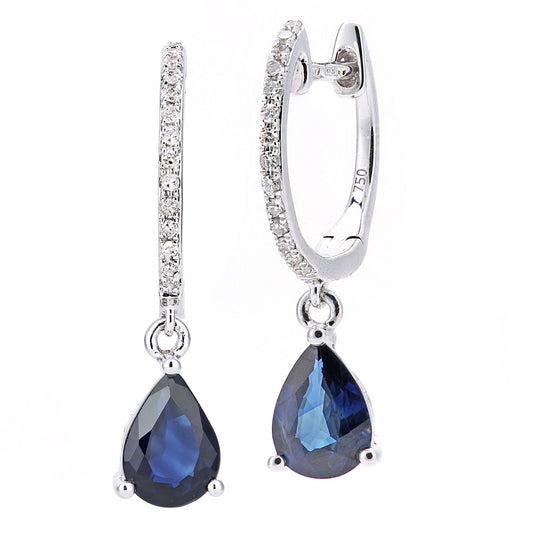 18ct White Gold 10pts Diamond Pear 1.6ct Sapphire Drop Earrings - DE1AXL686W18SA