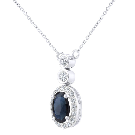 9ct White Gold Diamond Oval 0.55ct Sapphire Cluster Necklace 16" - DP1AXL409W-SA