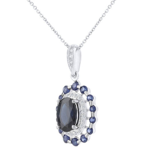 9ct White Gold Diamond Oval 1.42ct Sapphire Cluster Necklace 16" - DP1AXL410W-SA