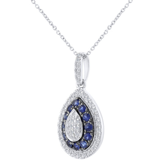 9ct White Gold 15pts Diamond 0.3ct Sapphire Teardrop Necklace 16" - DP1AXL412W-SA
