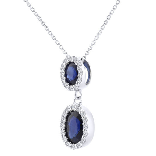 9ct White Gold Diamond Oval 0.88ct Sapphire Cluster Necklace 16" - DP1AXL414W-SA