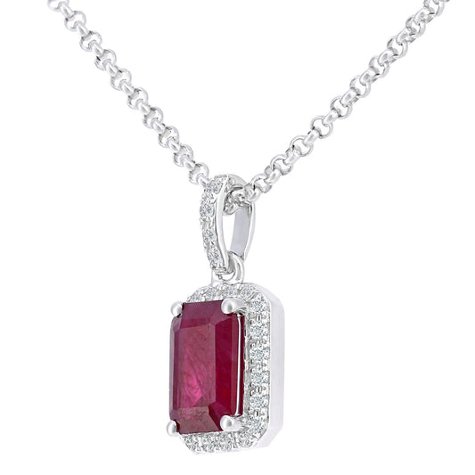 18ct White Gold Diamond Octagon 0.6ct Ruby Cluster Necklace 16" - DP1AXL604W18RU