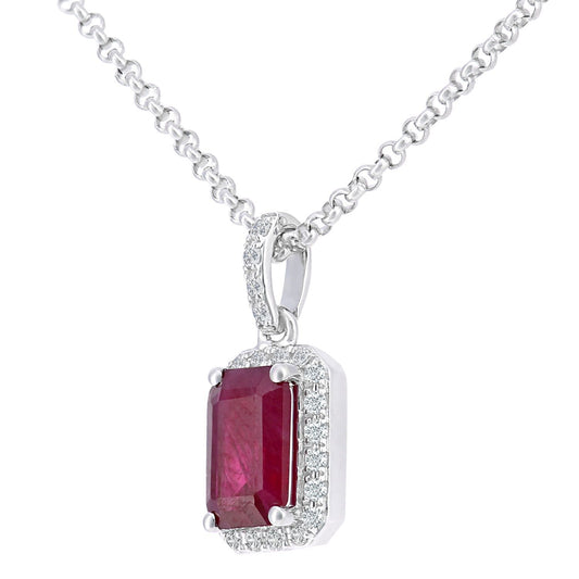 18ct White Gold Diamond Octagon 0.6ct Ruby Cluster Necklace 16" - DP1AXL604W18RU