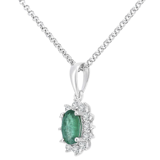 18ct White Gold Diamond Oval 0.55ct Emerald Cluster Necklace 16" - DP1AXL605W18EM