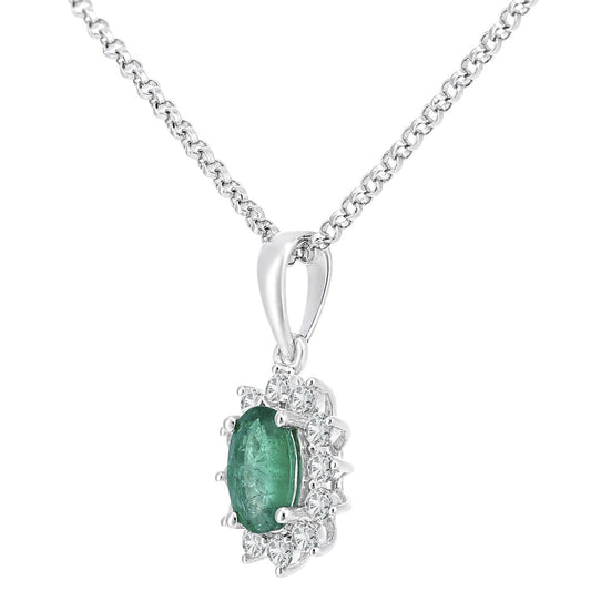 18ct White Gold Diamond Oval 0.55ct Emerald Cluster Necklace 16" - DP1AXL605W18EM
