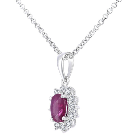 18ct White Gold Diamond Oval 0.55ct Ruby Cluster Necklace 16" - DP1AXL605W18RU