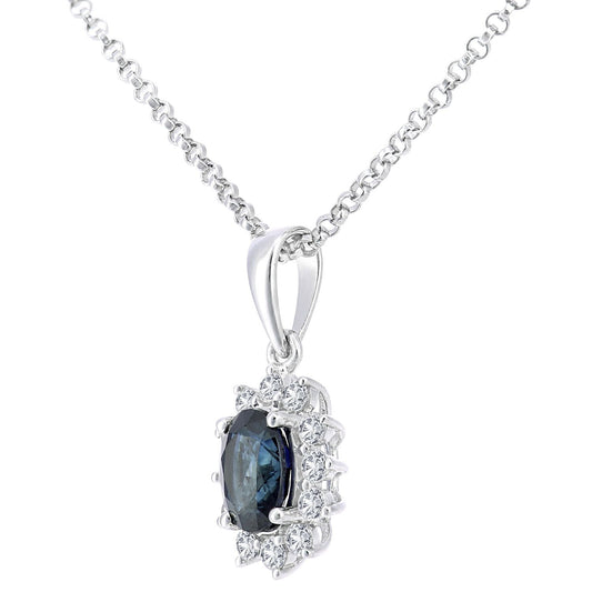 18ct White Gold Diamond Oval 0.55ct Sapphire Cluster Necklace 16" - DP1AXL605W18SA
