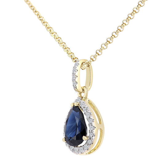 18ct Gold 7pts Diamond Pear 1ct Sapphire Cluster Necklace 16" - DP1AXL606Y18SA