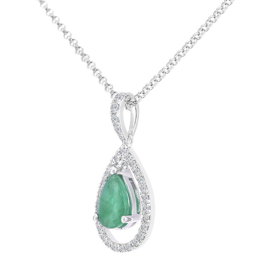 18ct White Gold Diamond Pear 0.6ct Emerald Teardrop Necklace 16" - DP1AXL608W18EM