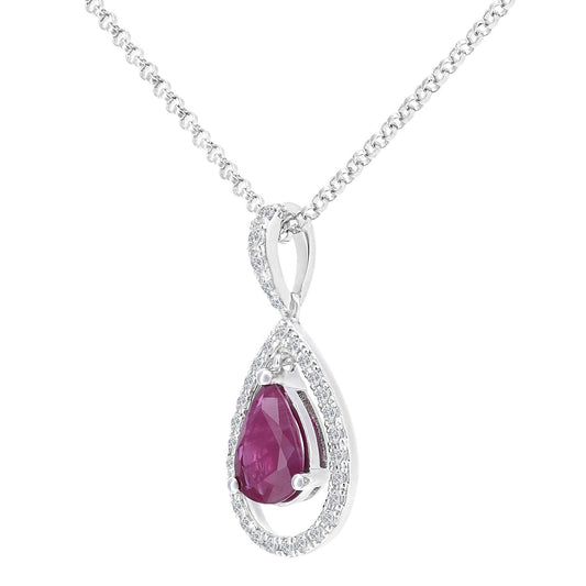 18ct White Gold Diamond Pear 0.7ct Ruby Teardrop Necklace 16" - DP1AXL608W18RU