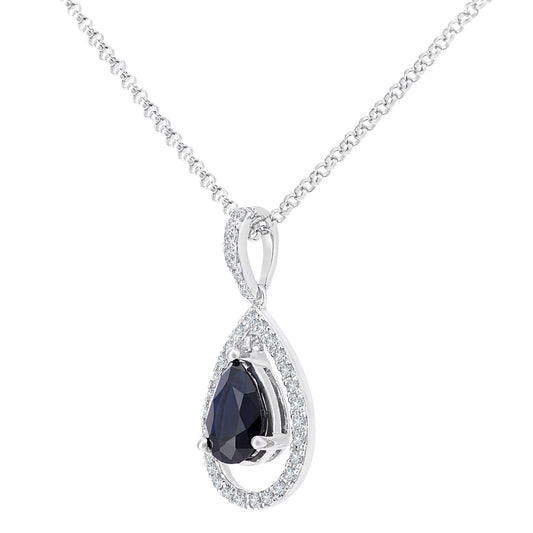 18ct White Gold Diamond Pear 3/4ct Sapphire Teardrop Necklace 16" - DP1AXL608W18SA