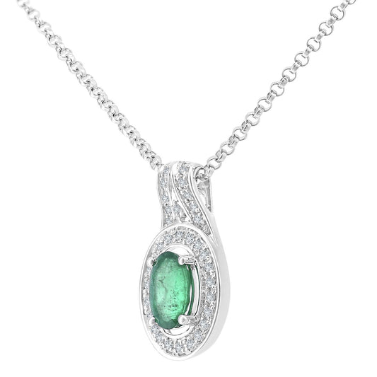18ct White Gold Diamond Oval 0.35ct Emerald Cluster Necklace 16" - DP1AXL609W18EM