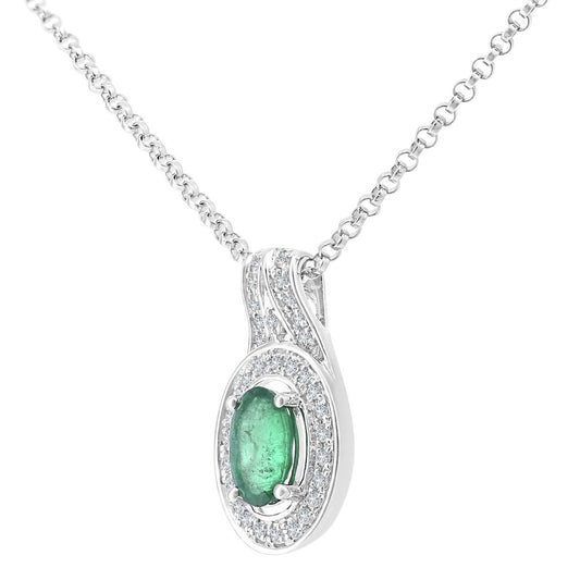 18ct White Gold Diamond Oval 0.35ct Emerald Cluster Necklace 16" - DP1AXL609W18EM