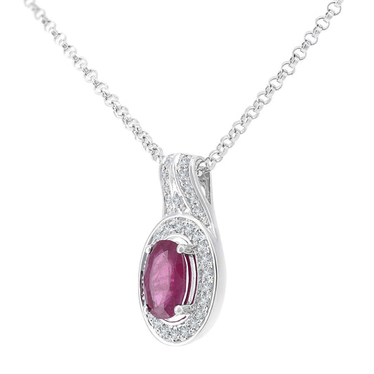 18ct White Gold Diamond Oval 0.55ct Ruby Cluster Necklace 16" - DP1AXL609W18RU