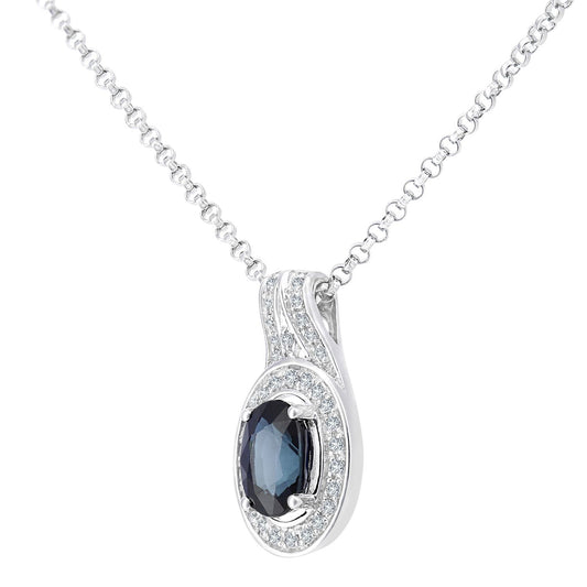 18ct White Gold Diamond Oval 0.7ct Sapphire Cluster Necklace 16" - DP1AXL609W18SA