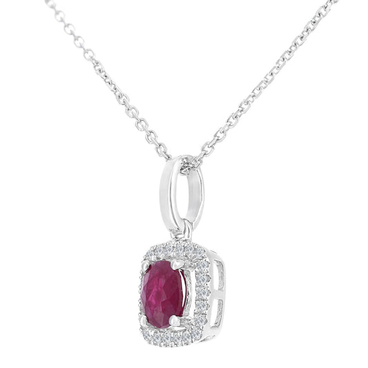 9ct White Gold 5pts Diamond Oval 0.38ct Ruby Cluster Necklace 16" - DP1AXL611WRU