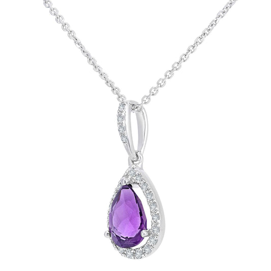 9ct White Gold Diamond Pear 0.6ct Amethyst Teardrop Necklace 16" - DP1AXL618WAM
