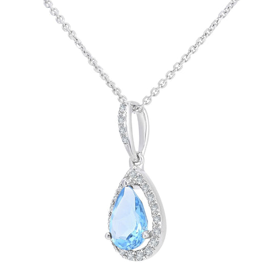 9ct White Gold Diamond Pear Blue Topaz Teardrop Necklace 16" - DP1AXL618WBT