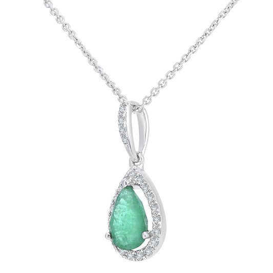 9ct White Gold Diamond Pear 0.6ct Emerald Teardrop Necklace 16" - DP1AXL618WEM