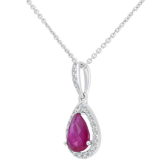9ct White Gold 8pts Diamond Pear 0.8ct Ruby Teardrop Necklace 16" - DP1AXL618WRU