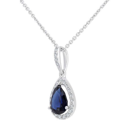 9ct White Gold Diamond Pear 0.9ct Sapphire Teardrop Necklace 16" - DP1AXL618WSA